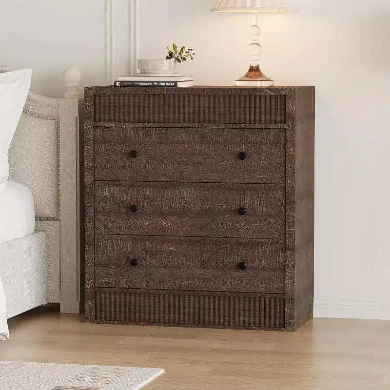Modern Walnut 3-Drawer Dresser, 31.5 Wide Fluted Chest of Drawers, Wood Storage Cabinet for Bedroom, Kids Room, Hallway, Living Room