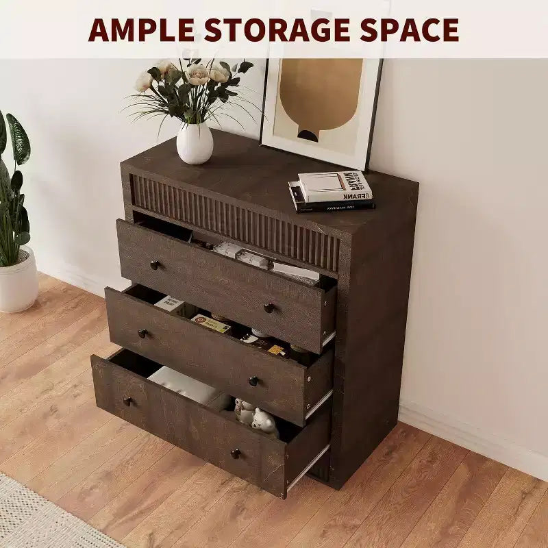 Commode Moderne en Noyer à 3 Tiroirs, Commode Canelée de 80 cm de Large, Armoire de Rangement en Bois pour Chambre à Coucher, Chambre d'Enfant, Couloir, Salon