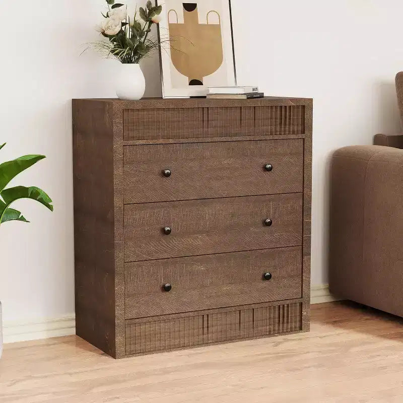 Commode Moderne en Noyer à 3 Tiroirs, Commode Canelée de 80 cm de Large, Armoire de Rangement en Bois pour Chambre à Coucher, Chambre d'Enfant, Couloir, Salon