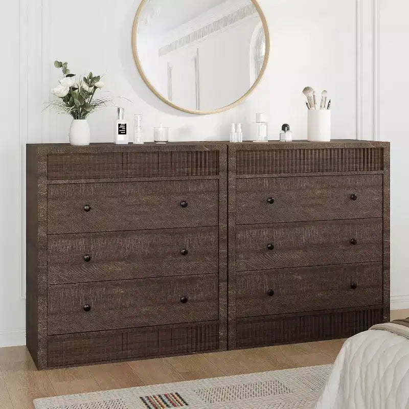 Commode Moderne en Noyer à 3 Tiroirs, Commode Canelée de 80 cm de Large, Armoire de Rangement en Bois pour Chambre à Coucher, Chambre d'Enfant, Couloir, Salon