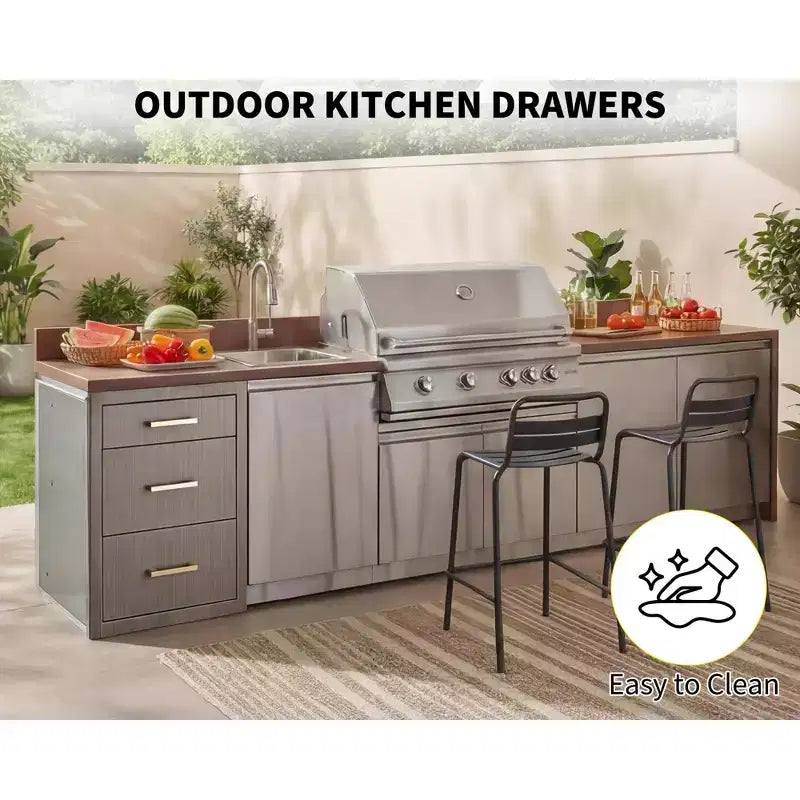 Bloc de trois tiroirs à barbecue, encastrable, 17 po de large, en acier inoxydable, rangement pour cuisine extérieure et terrasse
