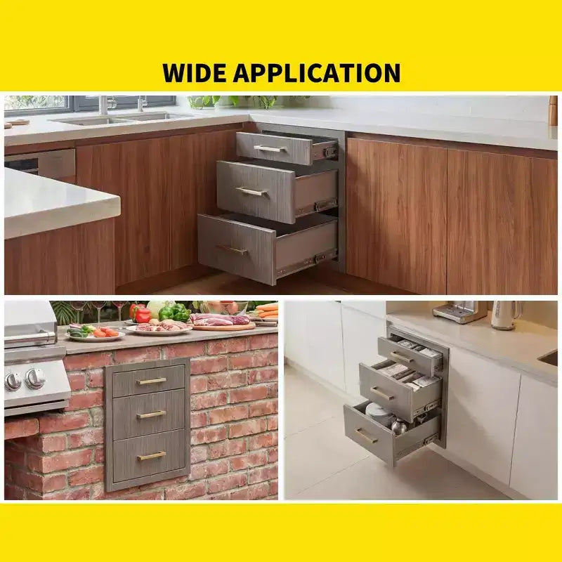 Bloc de trois tiroirs à barbecue, encastrable, 17 po de large, en acier inoxydable, rangement pour cuisine extérieure et terrasse