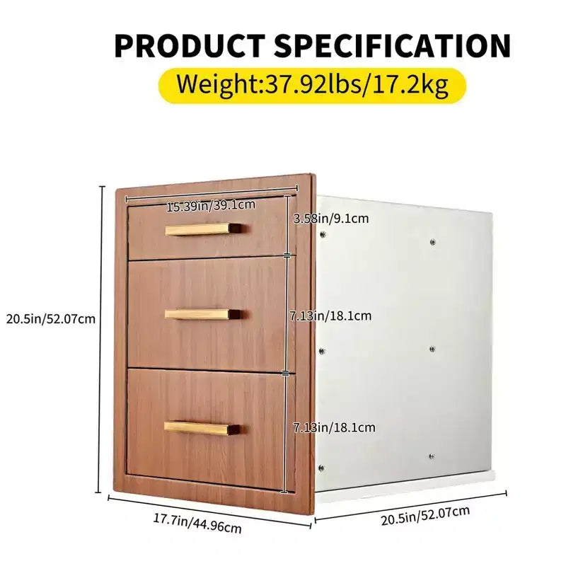 Bloc de trois tiroirs à barbecue, encastrable, 17 po de large, en acier inoxydable, rangement pour cuisine extérieure et terrasse