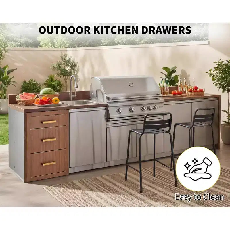 Bloc de trois tiroirs à barbecue, encastrable, 17 po de large, en acier inoxydable, rangement pour cuisine extérieure et terrasse