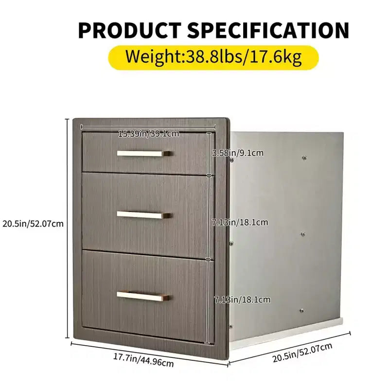 Bloc de trois tiroirs à barbecue, encastrable, 17 po de large, en acier inoxydable, rangement pour cuisine extérieure et terrasse