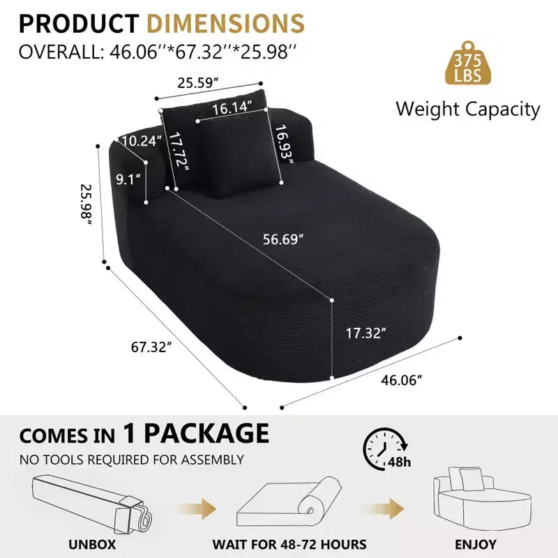 Chaise longue de 170 cm, canapé-lit rembourré avec 2 oreillers, canapé individuel sans accoudoirs pour salon et chambre, aucun assemblage requis