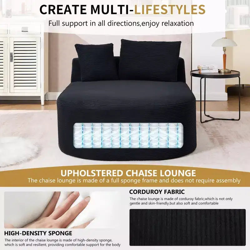 Chaise longue de 170 cm, canapé-lit rembourré avec 2 oreillers, canapé individuel sans accoudoirs pour salon et chambre, aucun assemblage requis