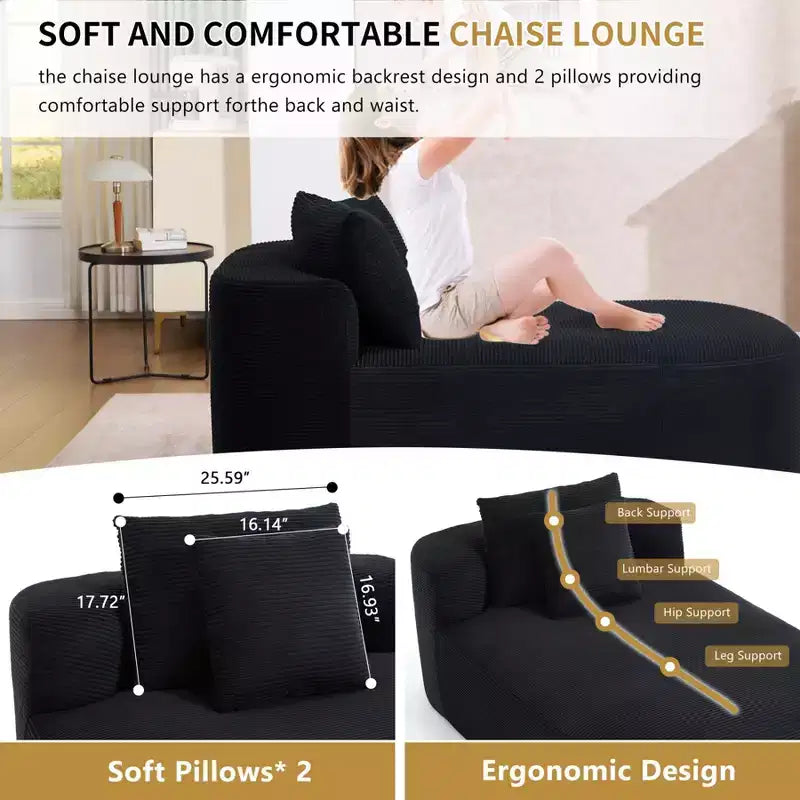 Chaise longue de 170 cm, canapé-lit rembourré avec 2 oreillers, canapé individuel sans accoudoirs pour salon et chambre, aucun assemblage requis