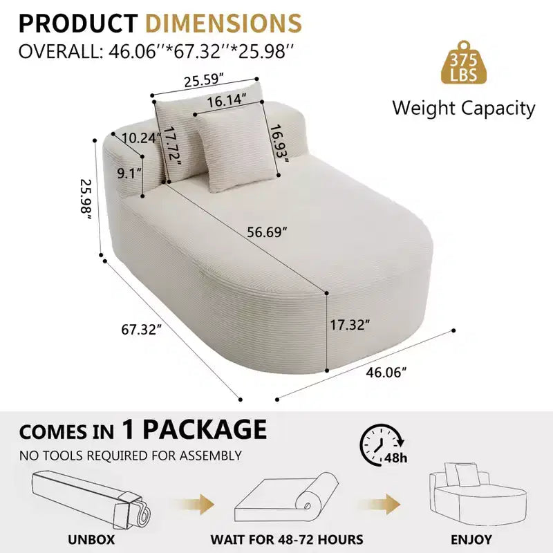 Chaise longue de 170 cm, canapé-lit rembourré avec 2 oreillers, canapé individuel sans accoudoirs pour salon et chambre, aucun assemblage requis