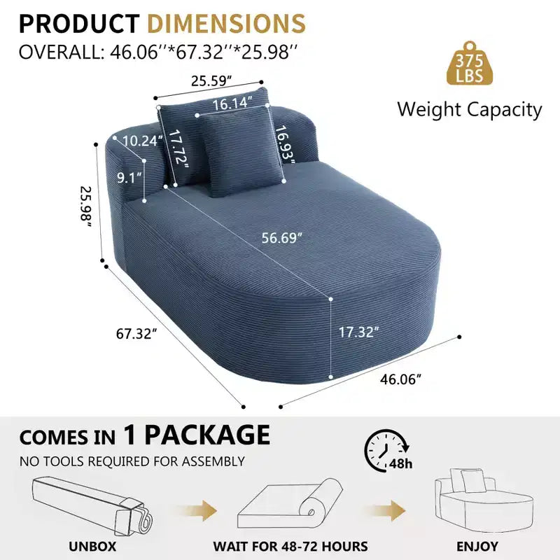 Chaise longue de 170 cm, canapé-lit rembourré avec 2 oreillers, canapé individuel sans accoudoirs pour salon et chambre, aucun assemblage requis