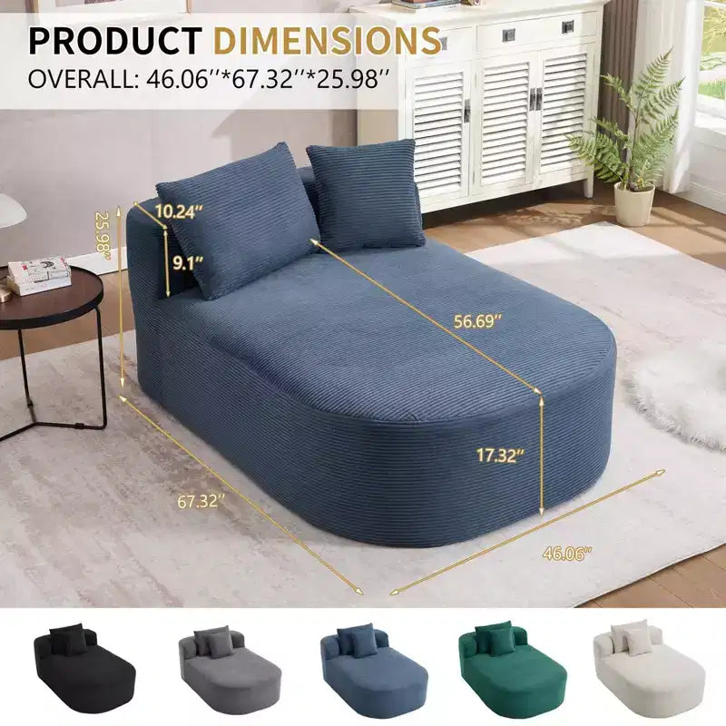 Chaise longue de 170 cm, canapé-lit rembourré avec 2 oreillers, canapé individuel sans accoudoirs pour salon et chambre, aucun assemblage requis