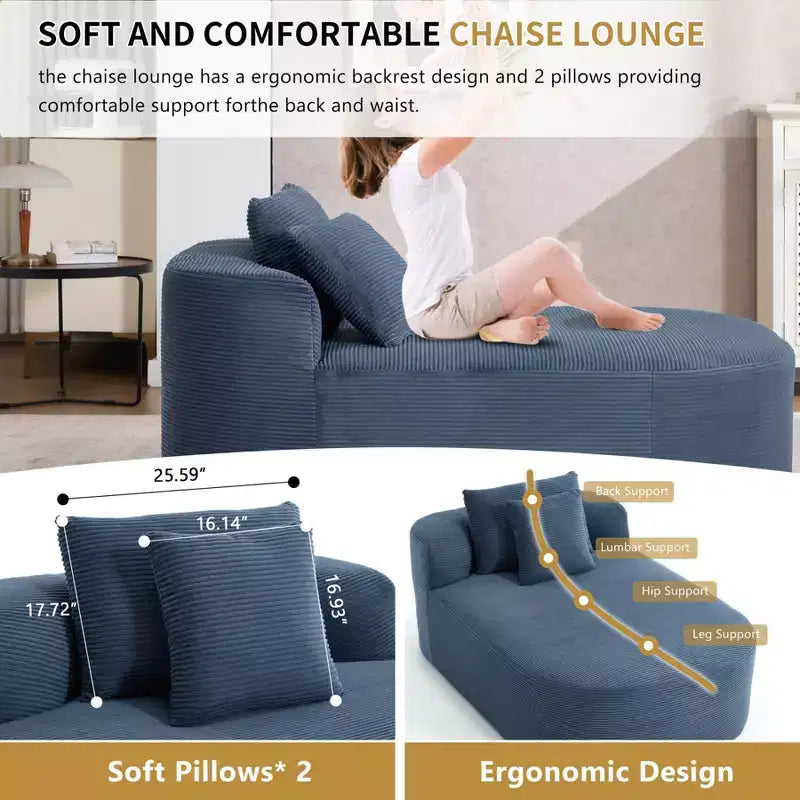 Chaise longue de 170 cm, canapé-lit rembourré avec 2 oreillers, canapé individuel sans accoudoirs pour salon et chambre, aucun assemblage requis