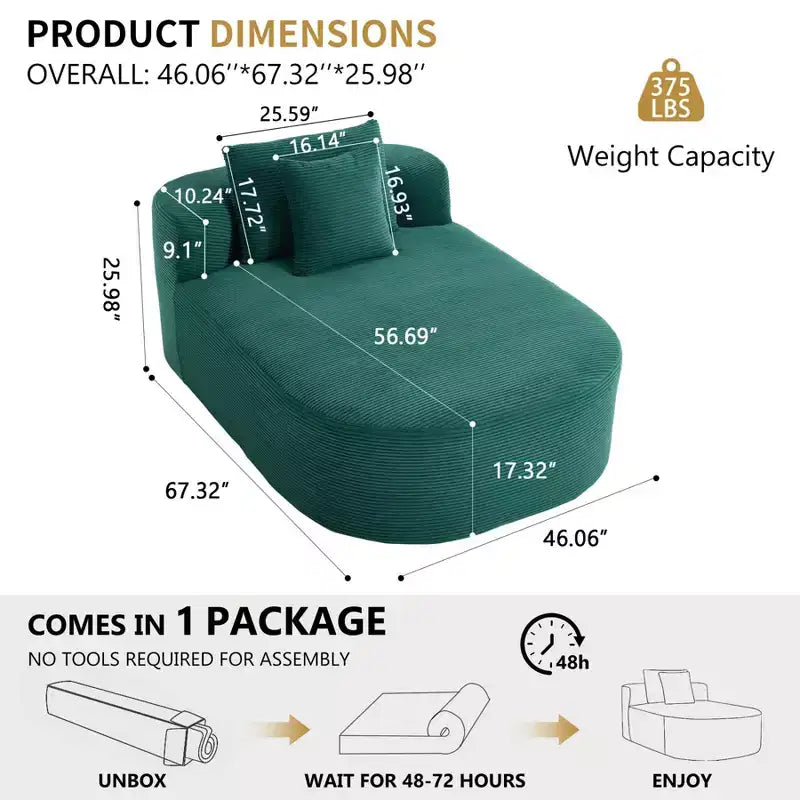 Chaise longue de 170 cm, canapé-lit rembourré avec 2 oreillers, canapé individuel sans accoudoirs pour salon et chambre, aucun assemblage requis