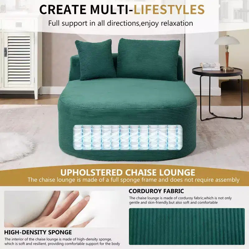 Chaise longue de 170 cm, canapé-lit rembourré avec 2 oreillers, canapé individuel sans accoudoirs pour salon et chambre, aucun assemblage requis