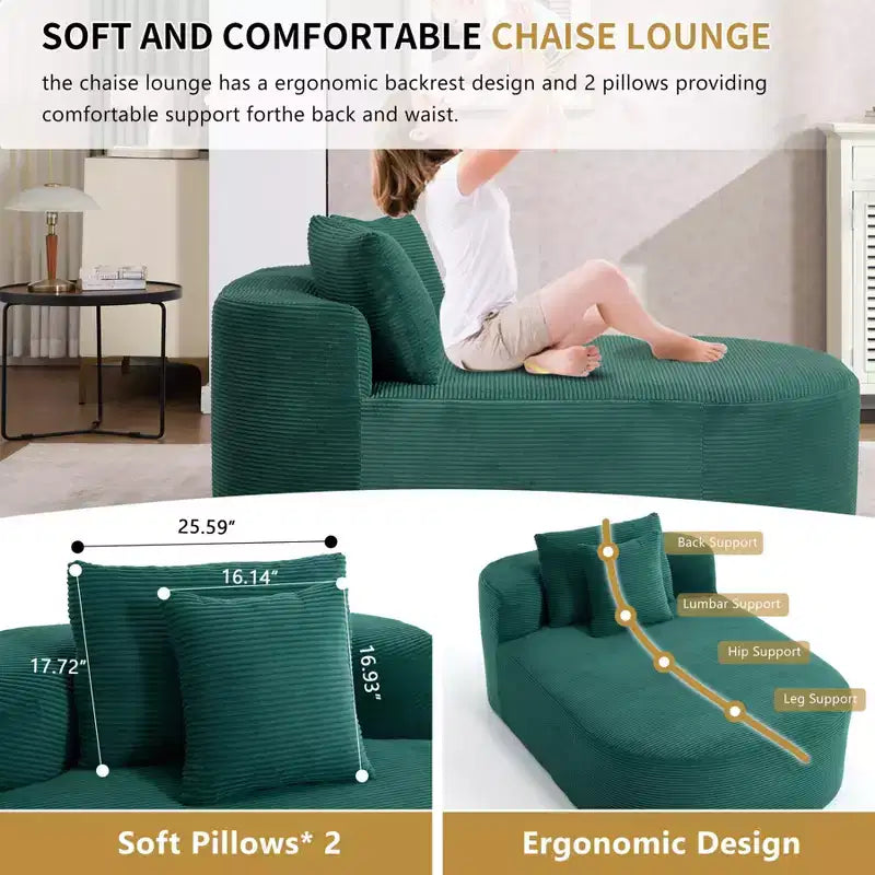 Chaise longue de 170 cm, canapé-lit rembourré avec 2 oreillers, canapé individuel sans accoudoirs pour salon et chambre, aucun assemblage requis