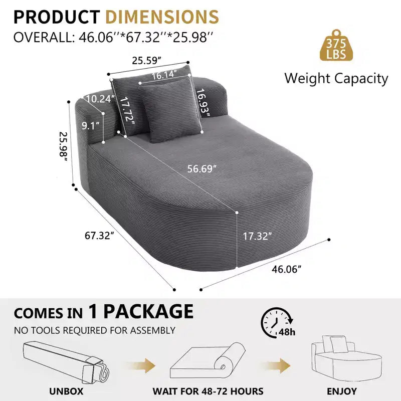 Chaise longue de 170 cm, canapé-lit rembourré avec 2 oreillers, canapé individuel sans accoudoirs pour salon et chambre, aucun assemblage requis