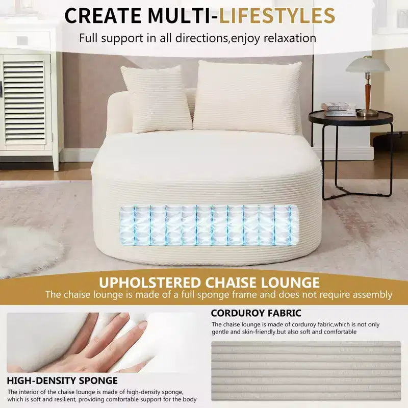 Chaise longue de 170 cm, canapé-lit rembourré avec 2 oreillers, canapé individuel sans accoudoirs pour salon et chambre, aucun assemblage requis