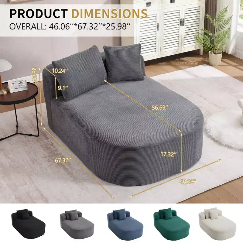 Chaise longue de 170 cm, canapé-lit rembourré avec 2 oreillers, canapé individuel sans accoudoirs pour salon et chambre, aucun assemblage requis