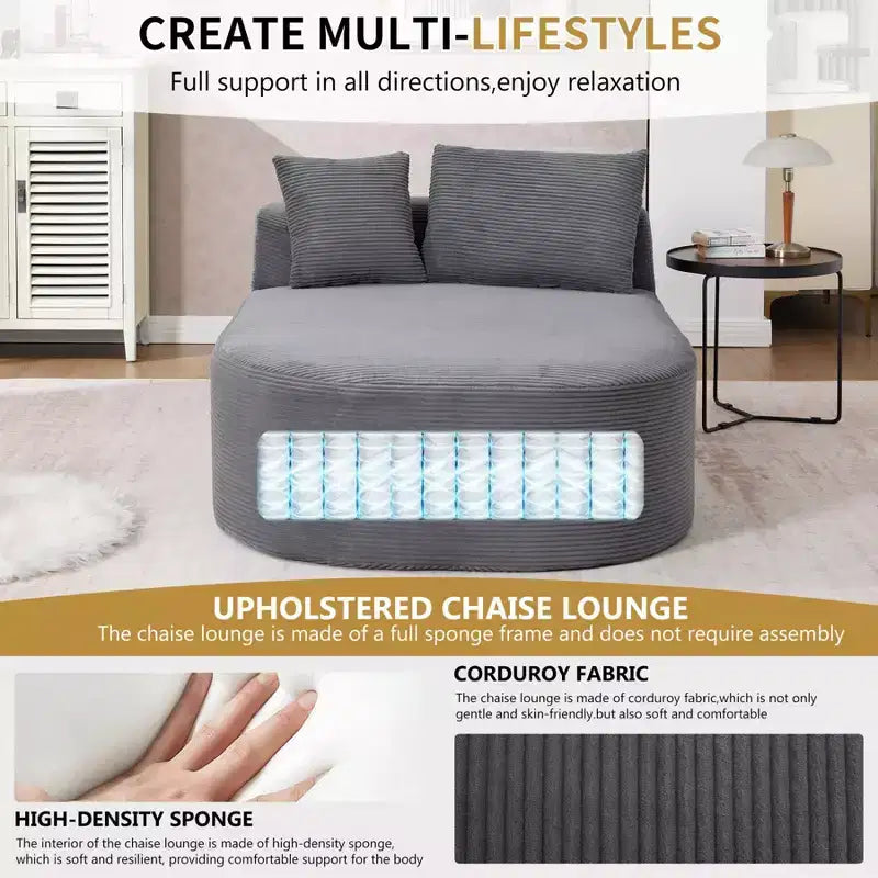 Chaise longue de 170 cm, canapé-lit rembourré avec 2 oreillers, canapé individuel sans accoudoirs pour salon et chambre, aucun assemblage requis