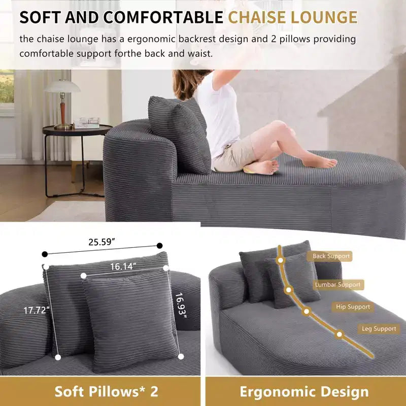 Chaise longue de 170 cm, canapé-lit rembourré avec 2 oreillers, canapé individuel sans accoudoirs pour salon et chambre, aucun assemblage requis