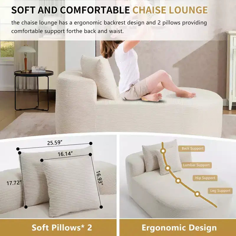 Chaise longue de 170 cm, canapé-lit rembourré avec 2 oreillers, canapé individuel sans accoudoirs pour salon et chambre, aucun assemblage requis