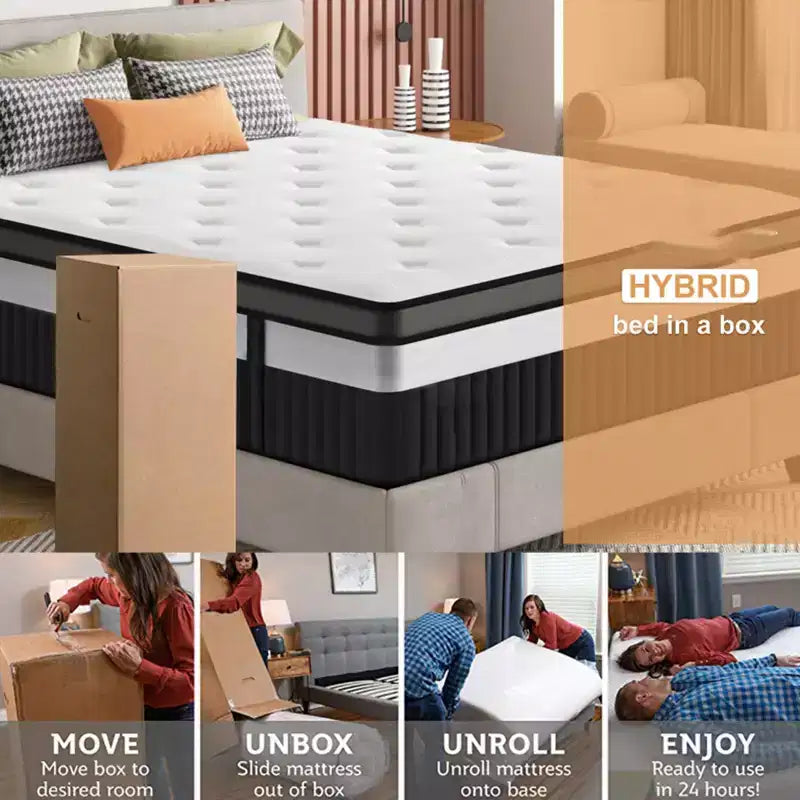 Matelas en boîte King 14 po, lit hybride en mousse à mémoire de forme, sensation de fermeté moyenne, tissu rafraîchissant et respirant, isolation des mouvements, soulagement zoné de la pression