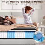 Matelas en boîte King 14 po, lit hybride en mousse à mémoire de forme, sensation de fermeté moyenne, tissu rafraîchissant et respirant, isolation des mouvements, soulagement zoné de la pression