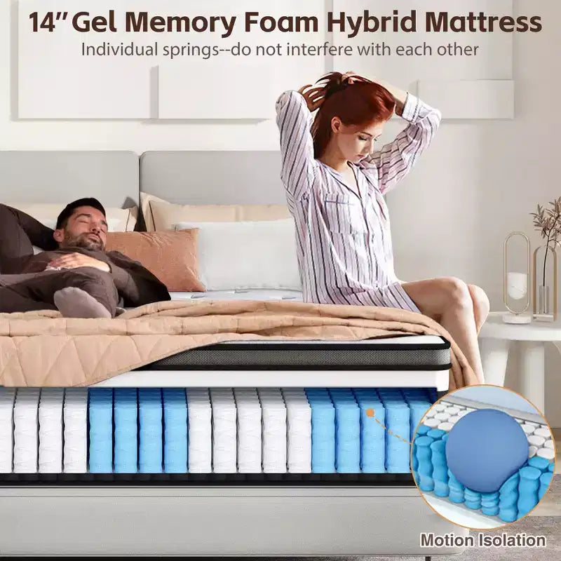 Matelas en boîte King 14 po, lit hybride en mousse à mémoire de forme, sensation de fermeté moyenne, tissu rafraîchissant et respirant, isolation des mouvements, soulagement zoné de la pression