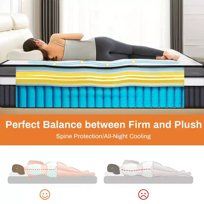Matelas en boîte King 14 po, lit hybride en mousse à mémoire de forme, sensation de fermeté moyenne, tissu rafraîchissant et respirant, isolation des mouvements, soulagement zoné de la pression