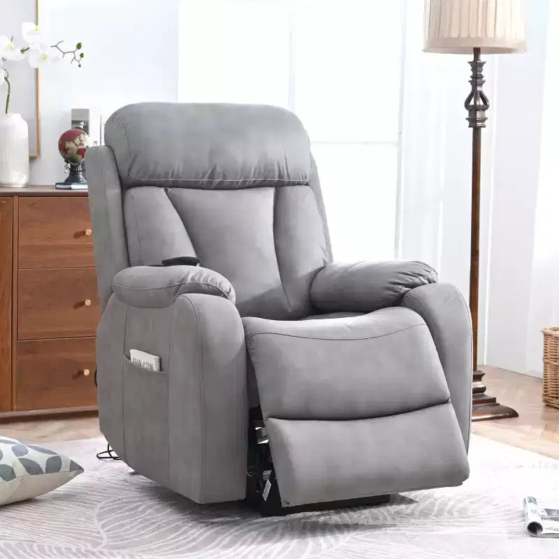 Large Power Lift Recliner Chair, Grey Faux Leather Motorized Massage Recliner with Pillow & Side Pockets, for Elderly, Living Room