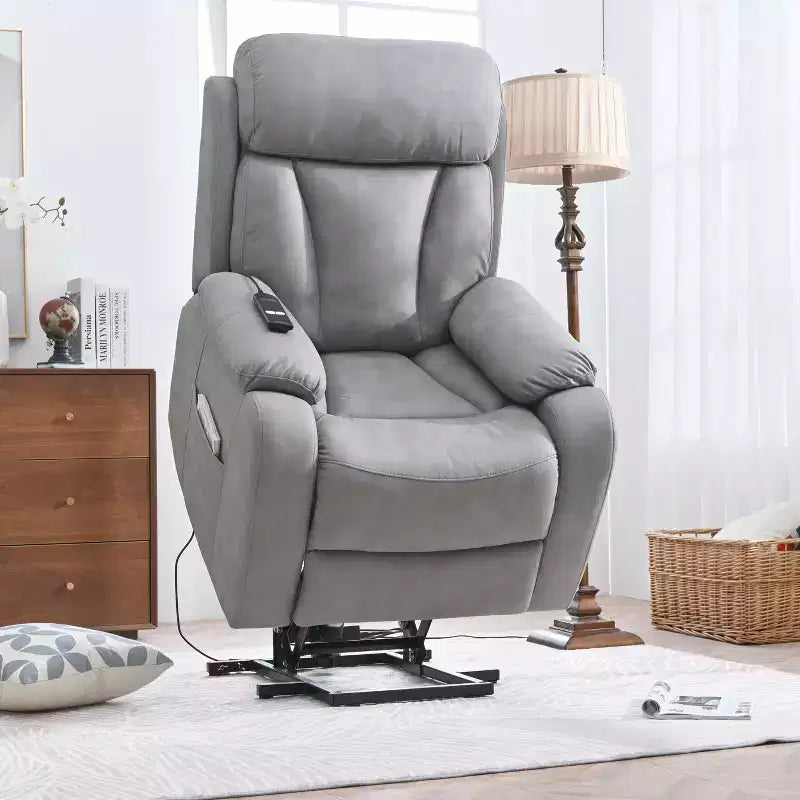 Grand fauteuil inclinable motorisé, inclinable de massage en similicuir gris avec oreiller et poches latérales, pour personnes âgées, salon