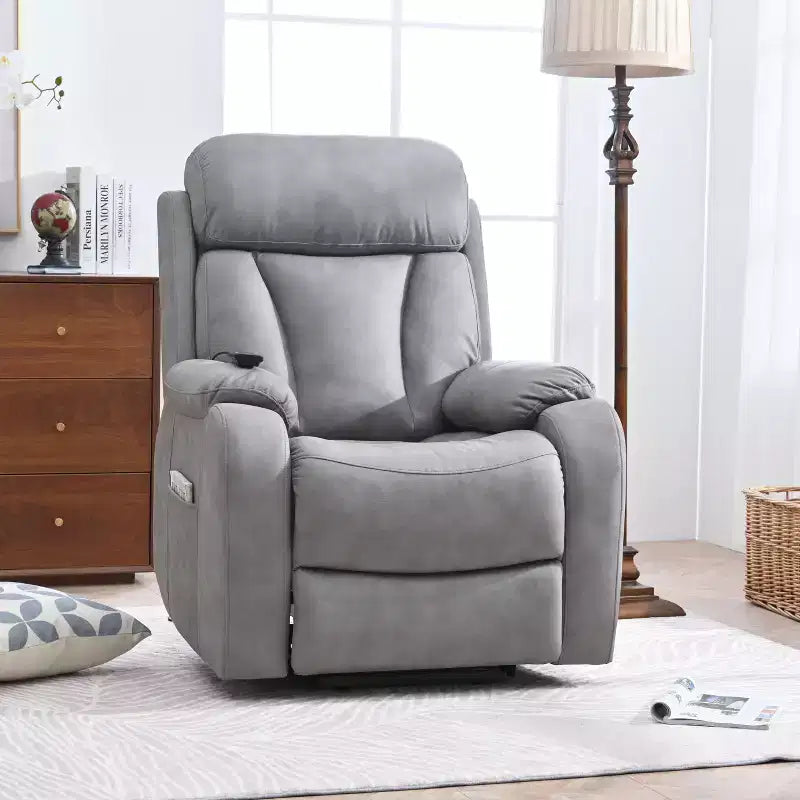 Grand fauteuil inclinable motorisé, inclinable de massage en similicuir gris avec oreiller et poches latérales, pour personnes âgées, salon