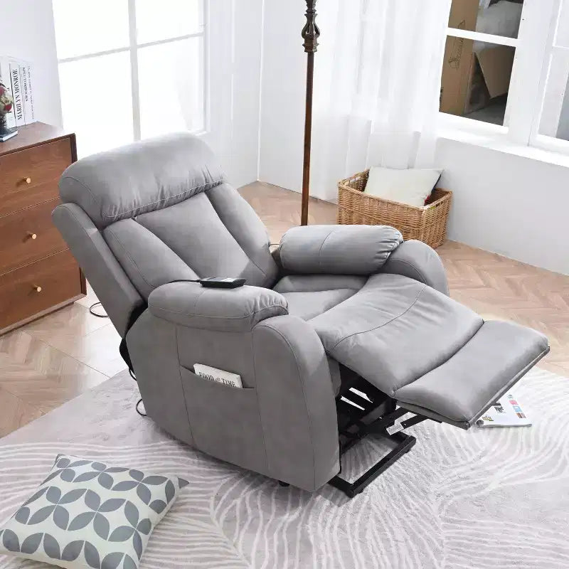 Grand fauteuil inclinable motorisé, inclinable de massage en similicuir gris avec oreiller et poches latérales, pour personnes âgées, salon