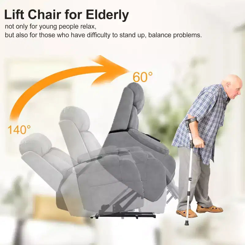 Grand fauteuil inclinable motorisé, inclinable de massage en similicuir gris avec oreiller et poches latérales, pour personnes âgées, salon