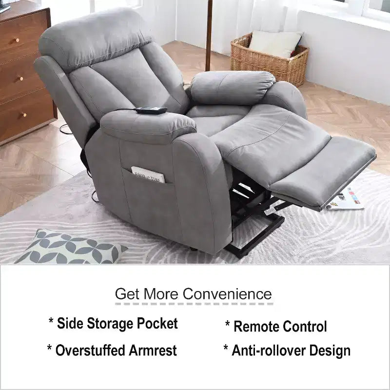 Grand fauteuil inclinable motorisé, inclinable de massage en similicuir gris avec oreiller et poches latérales, pour personnes âgées, salon