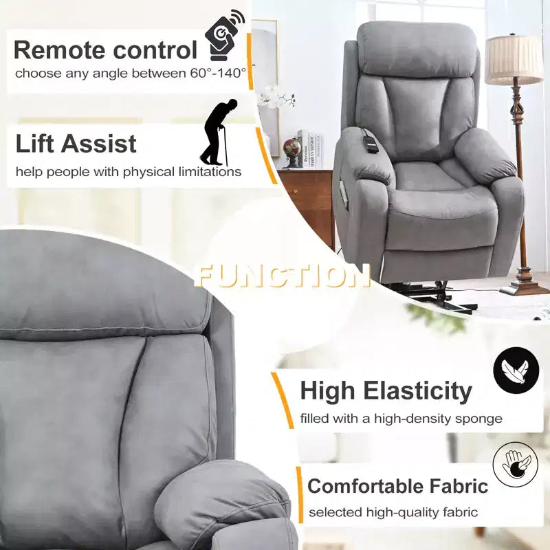 Grand fauteuil inclinable motorisé, inclinable de massage en similicuir gris avec oreiller et poches latérales, pour personnes âgées, salon