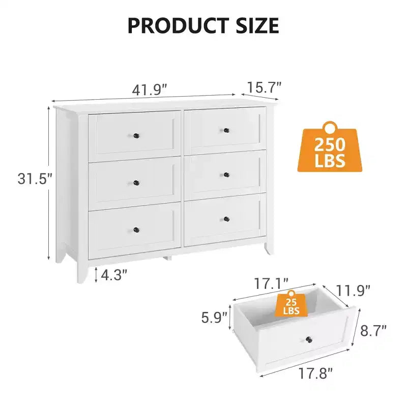 Commode moderne à 6 tiroirs de 137 cm de large avec rangement profond et poignées métalliques pour chambre à coucher, entrée et couloir