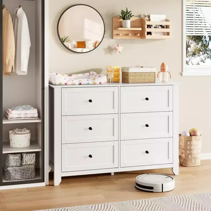 Commode moderne à 6 tiroirs de 137 cm de large avec rangement profond et poignées métalliques pour chambre à coucher, entrée et couloir