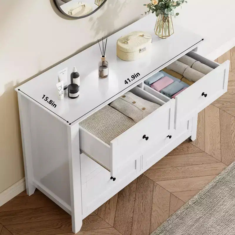 Commode moderne à 6 tiroirs de 137 cm de large avec rangement profond et poignées métalliques pour chambre à coucher, entrée et couloir