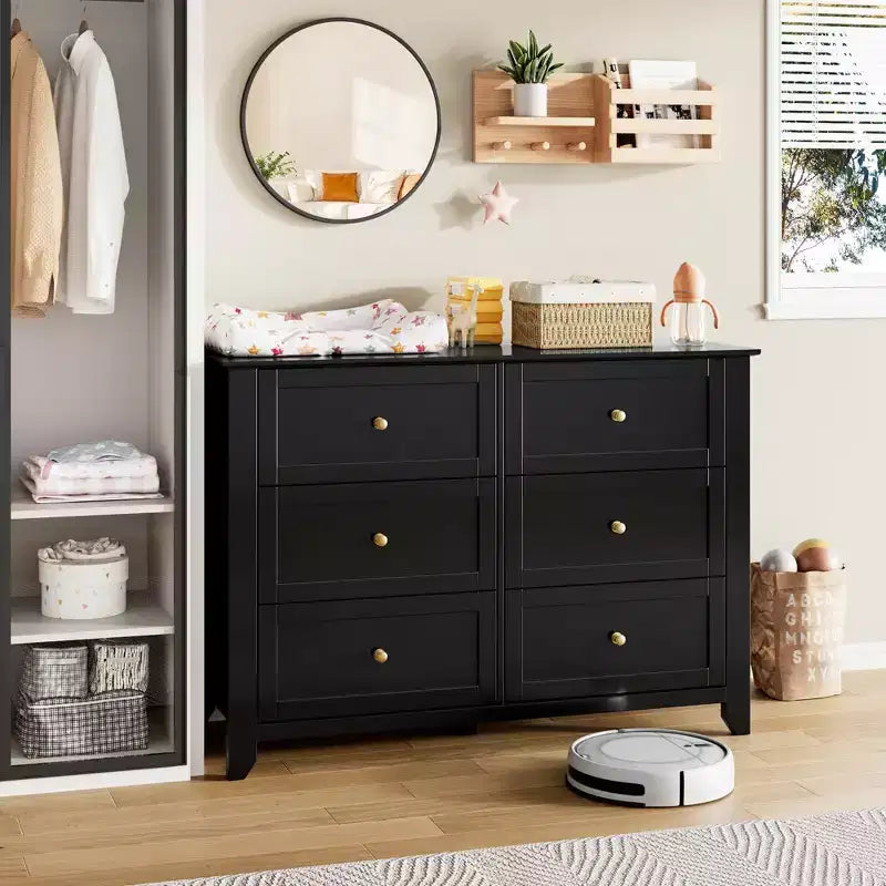 Commode moderne à 6 tiroirs de 137 cm de large avec rangement profond et poignées métalliques pour chambre à coucher, entrée et couloir