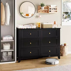 Commode moderne à 6 tiroirs de 137 cm de large avec rangement profond et poignées métalliques pour chambre à coucher, entrée et couloir