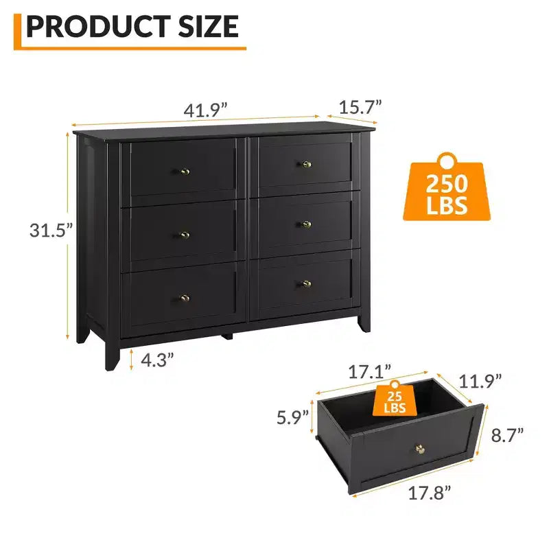 Commode moderne à 6 tiroirs de 137 cm de large avec rangement profond et poignées métalliques pour chambre à coucher, entrée et couloir
