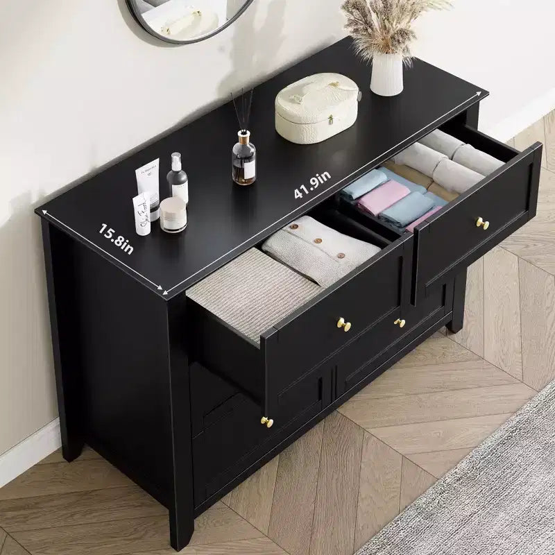 Commode moderne à 6 tiroirs de 137 cm de large avec rangement profond et poignées métalliques pour chambre à coucher, entrée et couloir