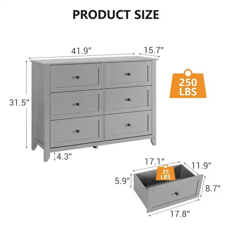 Commode moderne à 6 tiroirs de 137 cm de large avec rangement profond et poignées métalliques pour chambre à coucher, entrée et couloir
