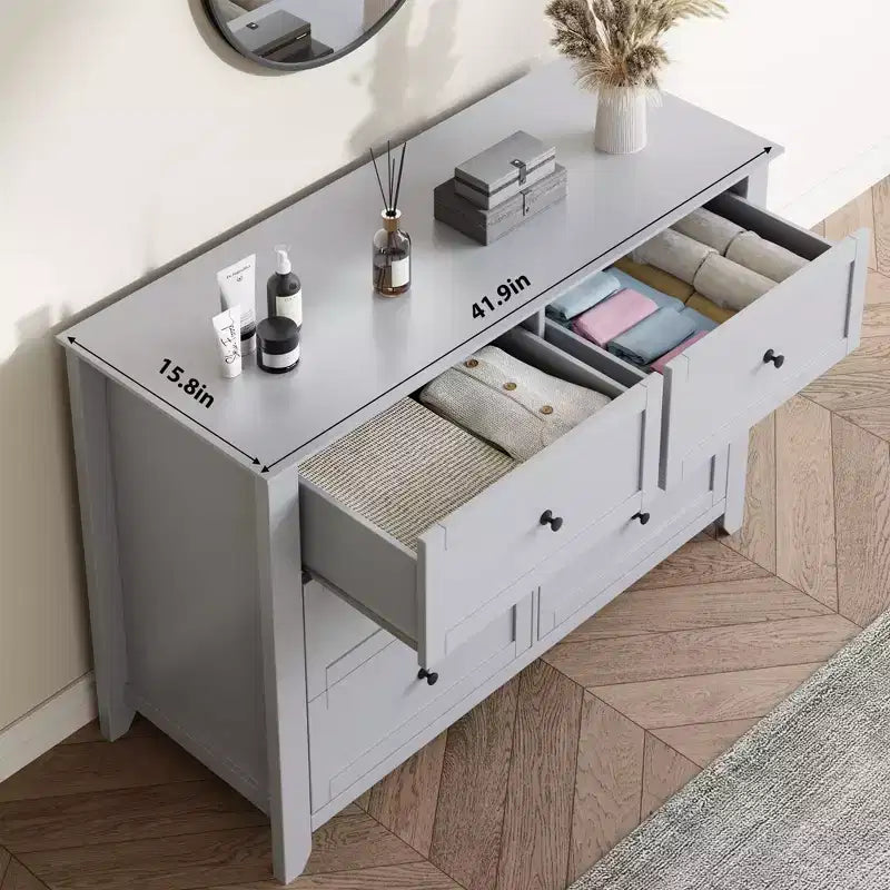 Commode moderne à 6 tiroirs de 137 cm de large avec rangement profond et poignées métalliques pour chambre à coucher, entrée et couloir