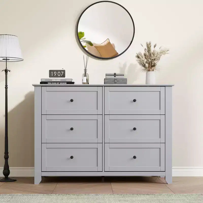 Commode moderne à 6 tiroirs de 137 cm de large avec rangement profond et poignées métalliques pour chambre à coucher, entrée et couloir