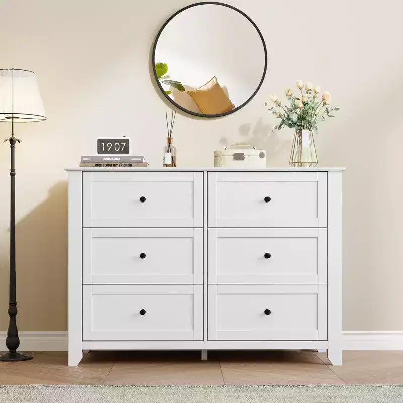 Commode moderne à 6 tiroirs de 137 cm de large avec rangement profond et poignées métalliques pour chambre à coucher, entrée et couloir