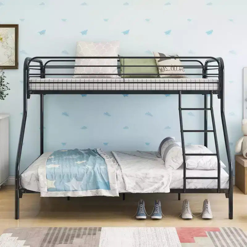 Lit superposé en métal robuste, double sur lit double, avec garde-corps amélioré et échelle inclinée pour chambre d'enfant