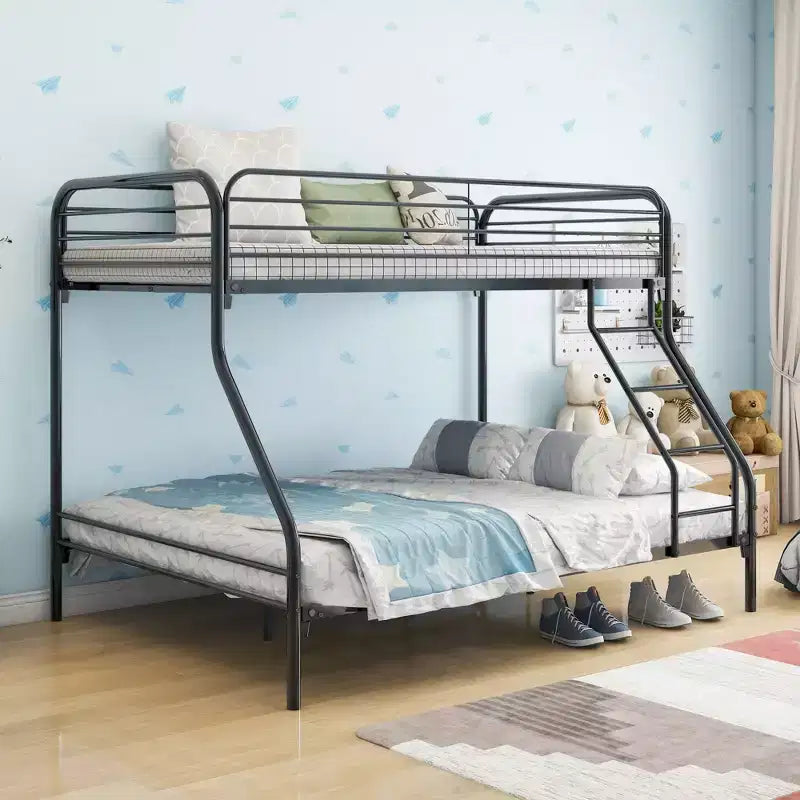 Lit superposé en métal robuste, double sur lit double, avec garde-corps amélioré et échelle inclinée pour chambre d'enfant