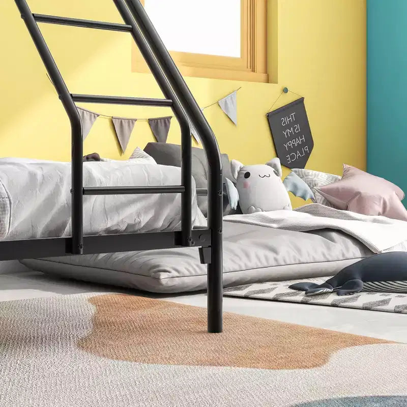 Lit superposé en métal robuste, double sur lit double, avec garde-corps amélioré et échelle inclinée pour chambre d'enfant